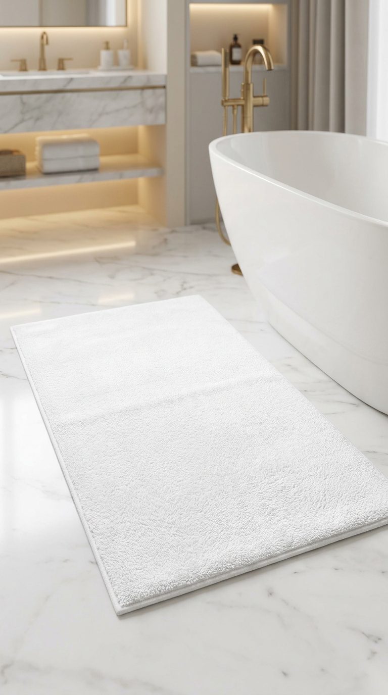 Bathrobes and folded towels in a marble spa bathroom