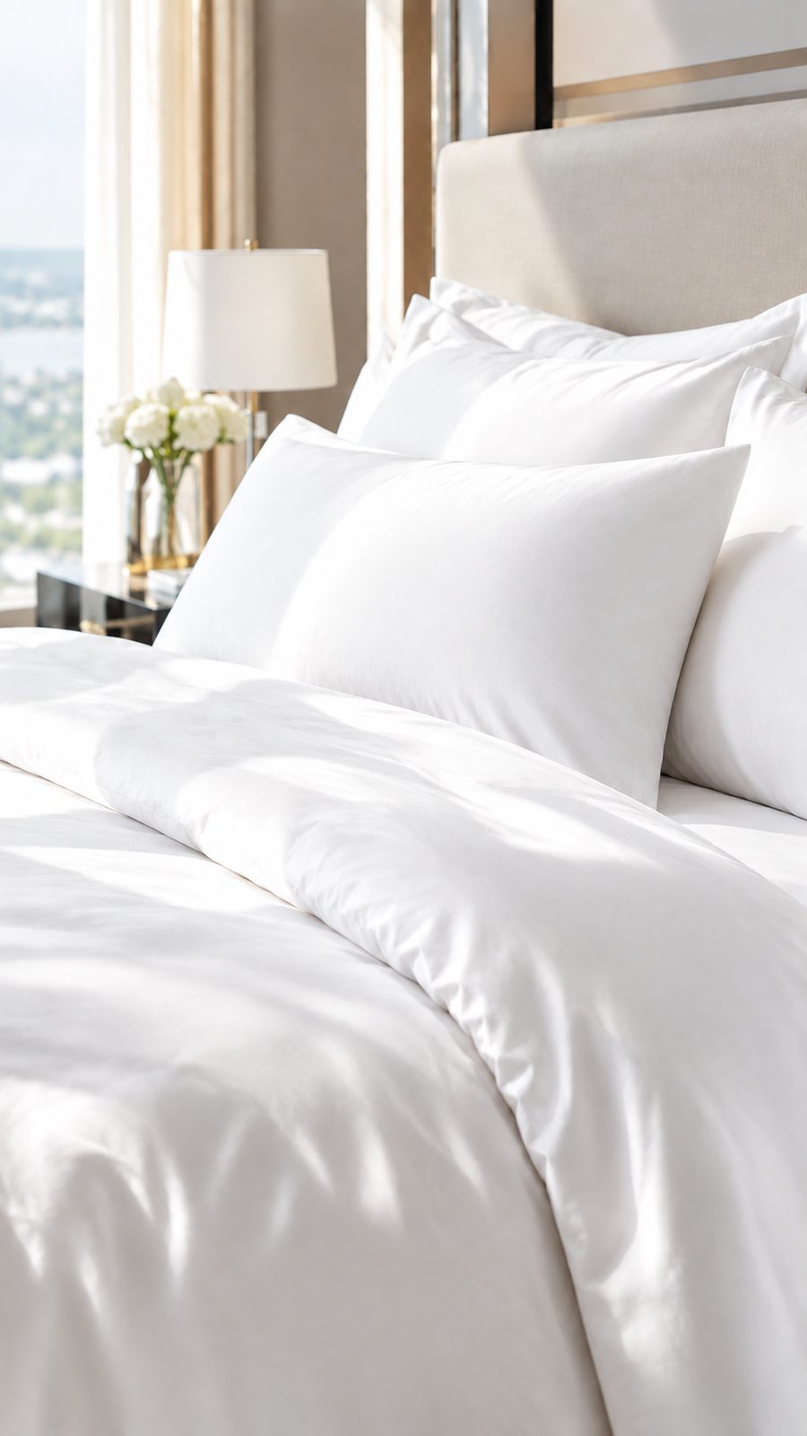 White bedding and pillows in a hotel suite