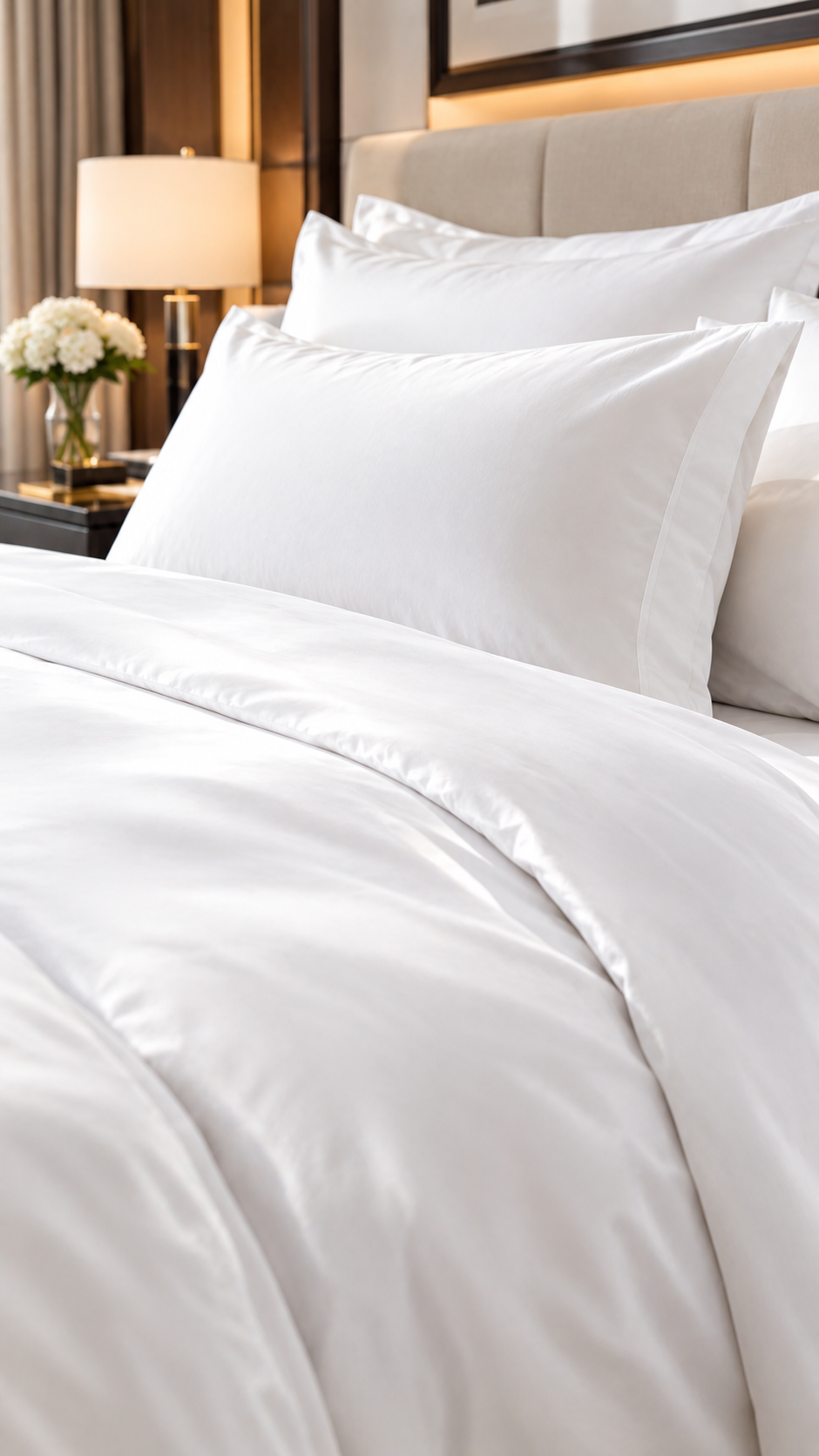 Close-up of crisp white hotel bedding and pillows