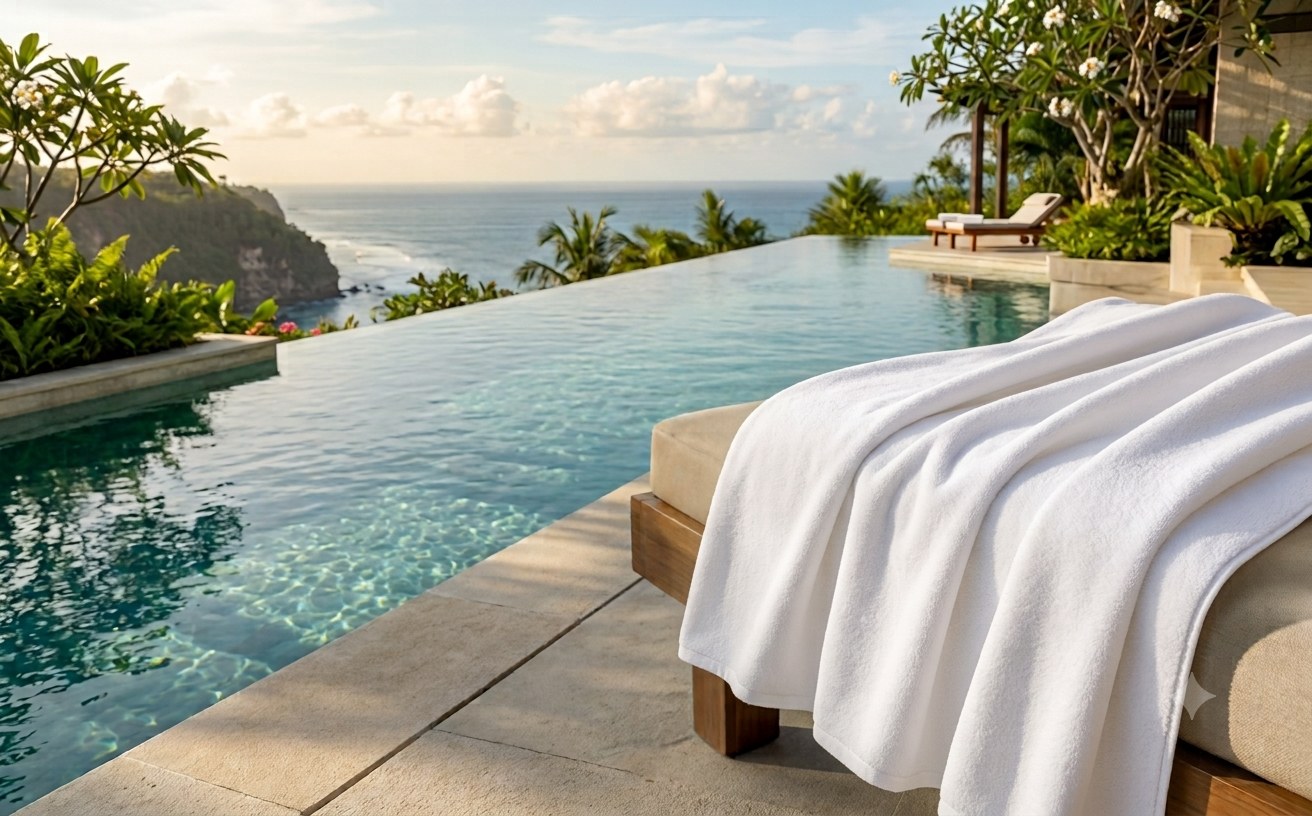 Infinity pool overlooking the ocean in Bali with folded pool towels on a lounger