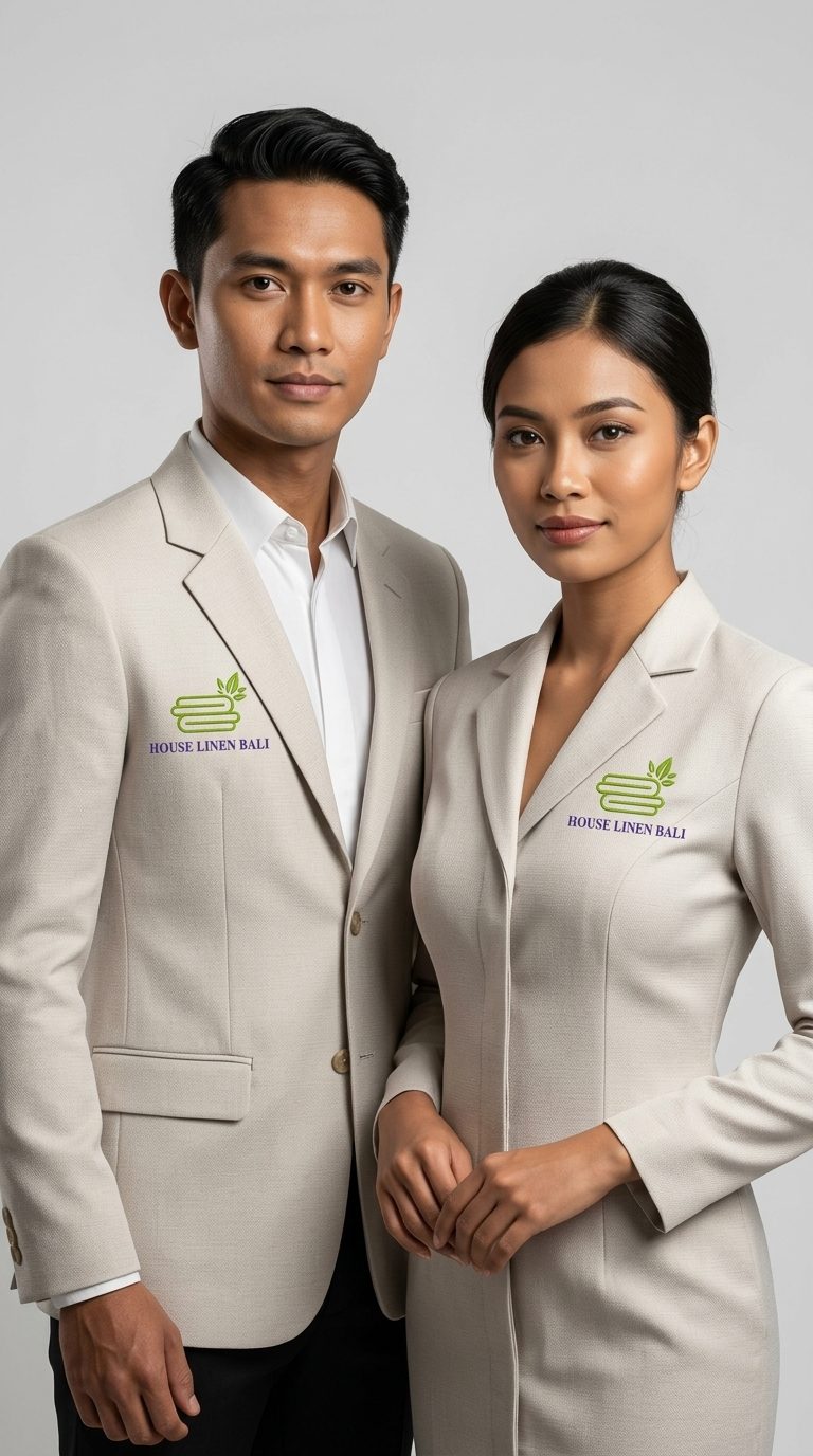 Two staff members wearing House Linen Bali branded jackets